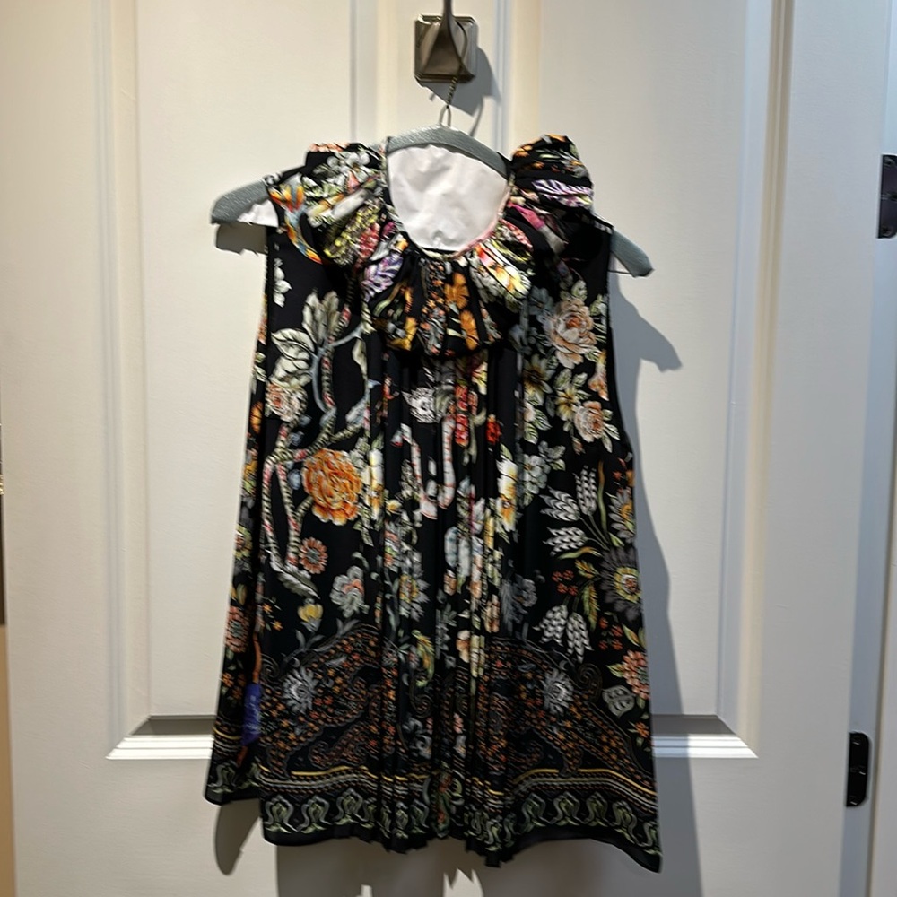 Etro Silk Multi Colored Pleated Silk Blouse with Detachable Collar, size 12 US